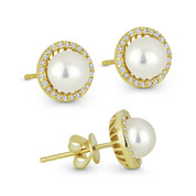 6mm Freshwater Pearl & 0.16ct Round Cut Diamond Halo Stud Earrings in 14k Yellow Gold