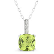 1.55ct Cushion Cut Peridot & Round Diamond Pendant & Chain Necklace in 14k White Gold