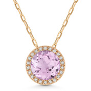 1.46ct Round Cut Pink Amethyst & Diamond Circle Halo Pendant & Chain Necklace in 14k Rose Gold