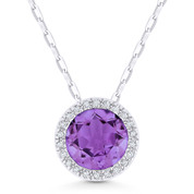 1.25ct Round Cut Amethyst & Diamond Circle Halo Pendant & Chain Necklace in 14k White Gold