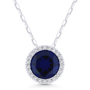 1.87ct Round Cut Lab-Created Blue Sapphire & Diamond Circle Halo Pendant & Chain Necklace in 14k White Gold