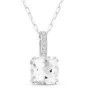 1.74ct Cushion Cut White Topaz & Round Diamond Pendant & Chain Necklace in 14k White Gold