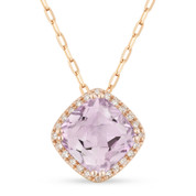 1.53ct Cushion Cut Pink Amethyst & Round Diamond Halo Pendant & Chain Necklace in 14k Rose Gold