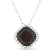 2.07ct Cushion Cut Garnet & Round Diamond Halo Pendant & Chain Necklace in 14k White Gold
