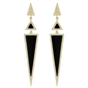 Black Onyx & 0.52ct Diamond Pave Dangling Multi-Triangle Stiletto Earrings in 14k Yellow Gold