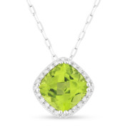 1.66ct Cushion Cut Peridot & Round Diamond Halo Pendant & Chain Necklace in 14k White Gold