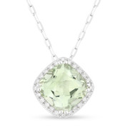 1.51ct Cushion Cut Green Amethyst & Round Diamond Halo Pendant & Chain Necklace in 14k White Gold