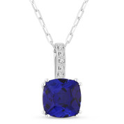 2.04ct Cushion Cut Lab-Created Blue Sapphire & Round Diamond Pendant & Chain Necklace in 14k White Gold