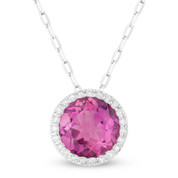 1.71ct Round Cut Lab-Created Pink Sapphire & Diamond Circle Halo Pendant & Chain Necklace in 14k White Gold