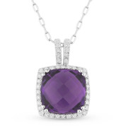 2.98ct Cushion Checkerboard Amethyst & Round Cut Diamond Halo Pendant & Chain Necklace in 14k White Gold