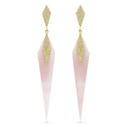 Pink Mother-of-Pearl & 0.32ct Diamond Pave Dangling Dagger-Shaped Stiletto Earrings in 14k Yellow Gold