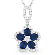 1.47ct Oval Cut Sapphire & Round Diamond Pave Flower Pendant in 18k White Gold w/ 14k Chain Necklace