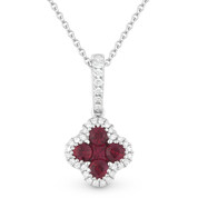 0.69ct Ruby Cluster & Diamond Pave Flower Charm Pendant & Chain Necklace in 14k White Gold