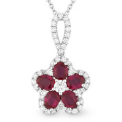 1.46ct Oval Cut Ruby & Round Diamond Pave Flower Pendant in 18k White Gold w/ 14k Chain Necklace