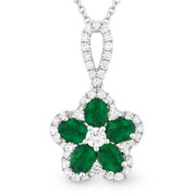 1.07ct Oval Cut Emerald & Round Diamond Pave Flower Pendant in 18k White Gold w/ 14k Chain Necklace