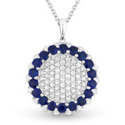 2.09ct Round Brilliant Cut Sapphire & Diamond Cluster Circle Pendant in 18k White Gold w/ 14k Chain Necklace