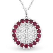 2.04ct Round Brilliant Cut Ruby & Diamond Cluster Circle Pendant in 18k White Gold w/ 14k Chain Necklace
