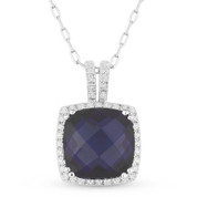 4.65ct Checkerboard Cushion Lab-Created Blue Sapphire & Round Cut Diamond Pendant & Chain Necklace in 14k White Gold