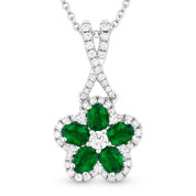 1.01ct Oval Cut Emerald & Round Diamond Pave Flower Pendant in 18k White Gold w/ 14k Chain Necklace