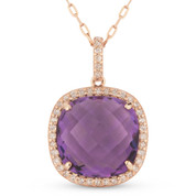 4.98ct Cushion Checkerboard Purple Amethyst & Round Cut Diamond Halo Pendant & Chain Necklace in 14k Rose Gold