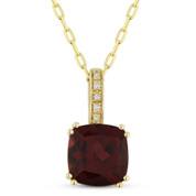 1.82ct Cushion Cut Garnet & Round Diamond Pendant & Chain Necklace in 14k Yellow Gold