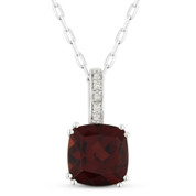 1.86ct Cushion Cut Garnet & Round Diamond Pendant & Chain Necklace in 14k White Gold