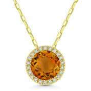 1.22ct Round Cut Citrine & Diamond Circle Halo Pendant & Chain Necklace in 14k Yellow Gold
