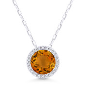 1.36ct Round Cut Citrine & Diamond Circle Halo Pendant & Chain Necklace in 14k White Gold