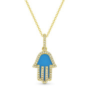 0.68ct Blue Turquoise & Diamond Hamsa Hand Evil Eye Charm Pendant in 14k Yellow Gold w/ Chain Necklace