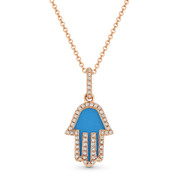 0.68ct Blue Turquoise & Diamond Hamsa Hand Evil Eye Charm Pendant in 14k Rose Gold w/ Chain Necklace