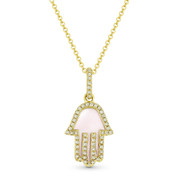 0.85ct Mother-of-Pearl & Diamond Hamsa Hand Evil Eye Charm Pendant in 14k Yellow Gold w/ Chain Necklace