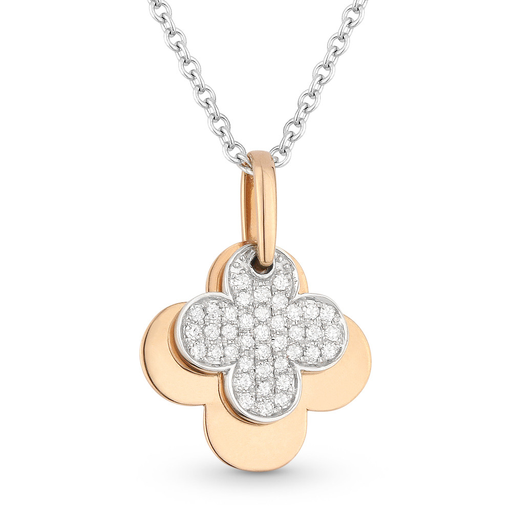 0.13ct Round Cut Diamond 4Petal Flower Charm Pendant & Chain Necklace