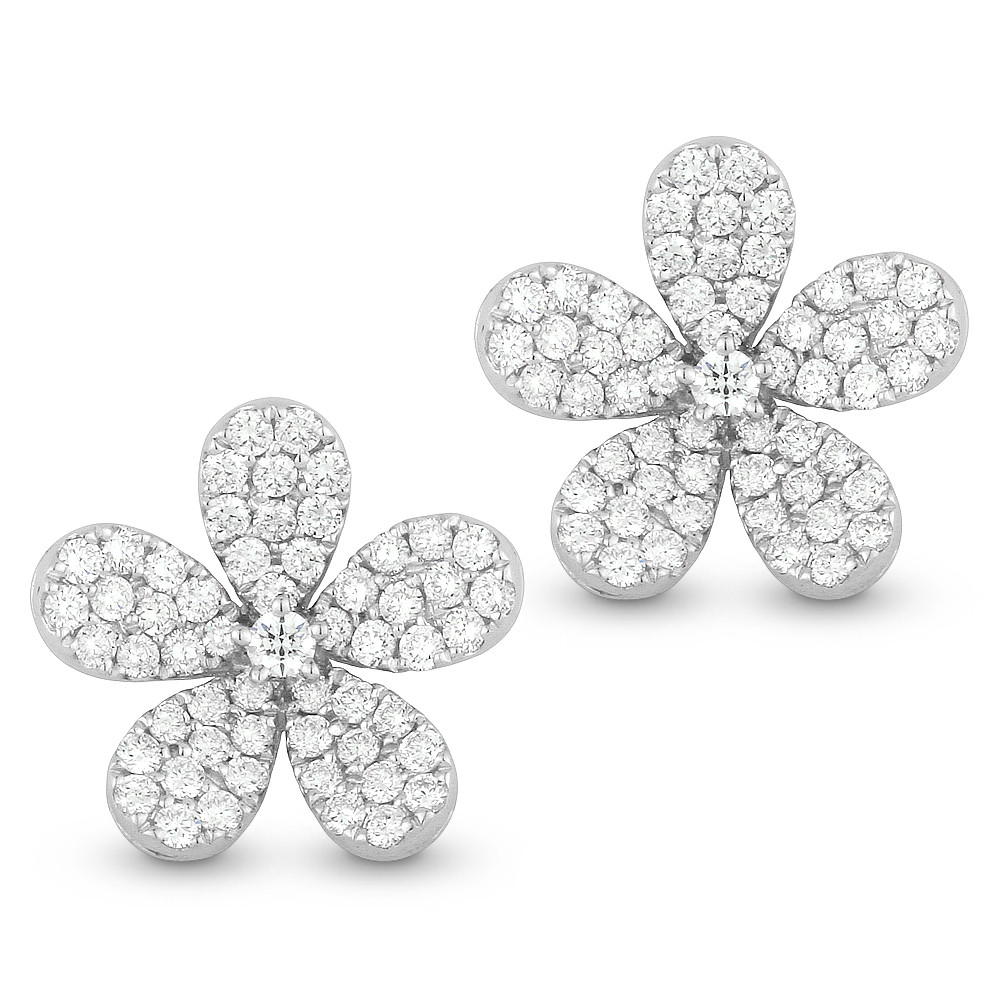 0.76ct Round Cut Diamond Pave Flower Charm Stud Earrings in 14k White ...