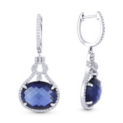 9.70ct Oval Cut Lab-Created Blue Sapphire & Round Diamond Halo Dangling Earrings in 14k White Gold