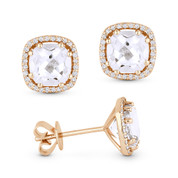 2.86ct Cushion Cut White Topaz & Round Diamond 8-Prong Square-Halo Stud Earrings in 14k Rose Gold