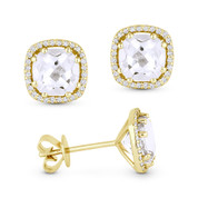 2.78ct Cushion Cut White Topaz & Round Diamond 8-Prong Square-Halo Stud Earrings in 14k Yellow Gold