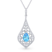 1.04ct Pear-Shaped Blue Topaz & Diamond Edwardian-Style Pendant & Chain Necklace in 14k White Gold
