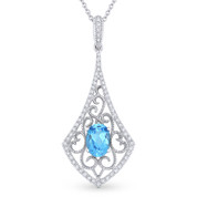 1.05ct Oval Cut Blue Topaz & Diamond Edwardian-Style Pendant & Chain Necklace in 14k White Gold