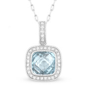 1.74ct Checkerboard Blue Topaz & Round Cut Diamond Halo Pendant & Chain Necklace in 14k White Gold