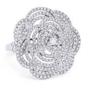 1.47ct Round Cut Diamond Pave Cluster Flower-Design Cocktail / Statement Ring in 18k White Gold