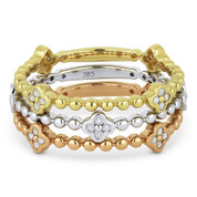 0.35ct Round Cut Diamond Flower & Bead Stackable 3-Ring Set in 14k White, Yellow, & Rose Gold
