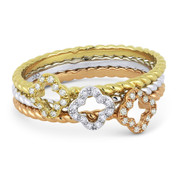 0.14ct Round Cut Diamond Flower & Rope Design Stackable 3-Ring Set in 14k White, Yellow, & Rose Gold