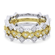 0.43ct Round Cut Diamond Heart, Square, Bezel, & Bead Stackable 3-Ring Set in 14k White & Yellow Gold