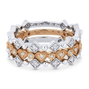0.42ct Round Cut Diamond Heart, Square, Bezel, & Bead Stackable 3-Ring Set in 14k White & Rose Gold