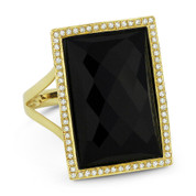 Checkerboard Cushion Black Onyx & 0.21ct Round Cut Diamond Rectangle-Halo Cocktail Ring in 14k Yellow Gold