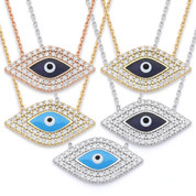 Evil Eye Enamel Bead Charm w/ CZ Crystal Pendant & Chain Necklace in .925 Sterling Silver - EYESN3