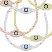 Evil Eye Enamel Bead Charm & Bezel Link Bracelet w/ CZ Crystals in .925 Sterling Silver - EYES66