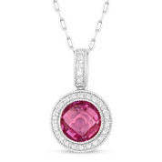 2.00ct Checkerboard Lab-Created Pink Sapphire & Round Cut Diamond Halo Pendant & Chain Necklace in 14k White Gold