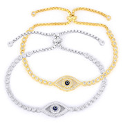 Evil Eye Enamel Bead Charm & Bezel Link Slide-Lock Bracelet w/ CZ Crystals in .925 Sterling Silver - EYES73