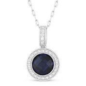 2.00ct Checkerboard Lab-Created Blue Sapphire & Round Cut Diamond Halo Pendant & Chain Necklace in 14k White Gold